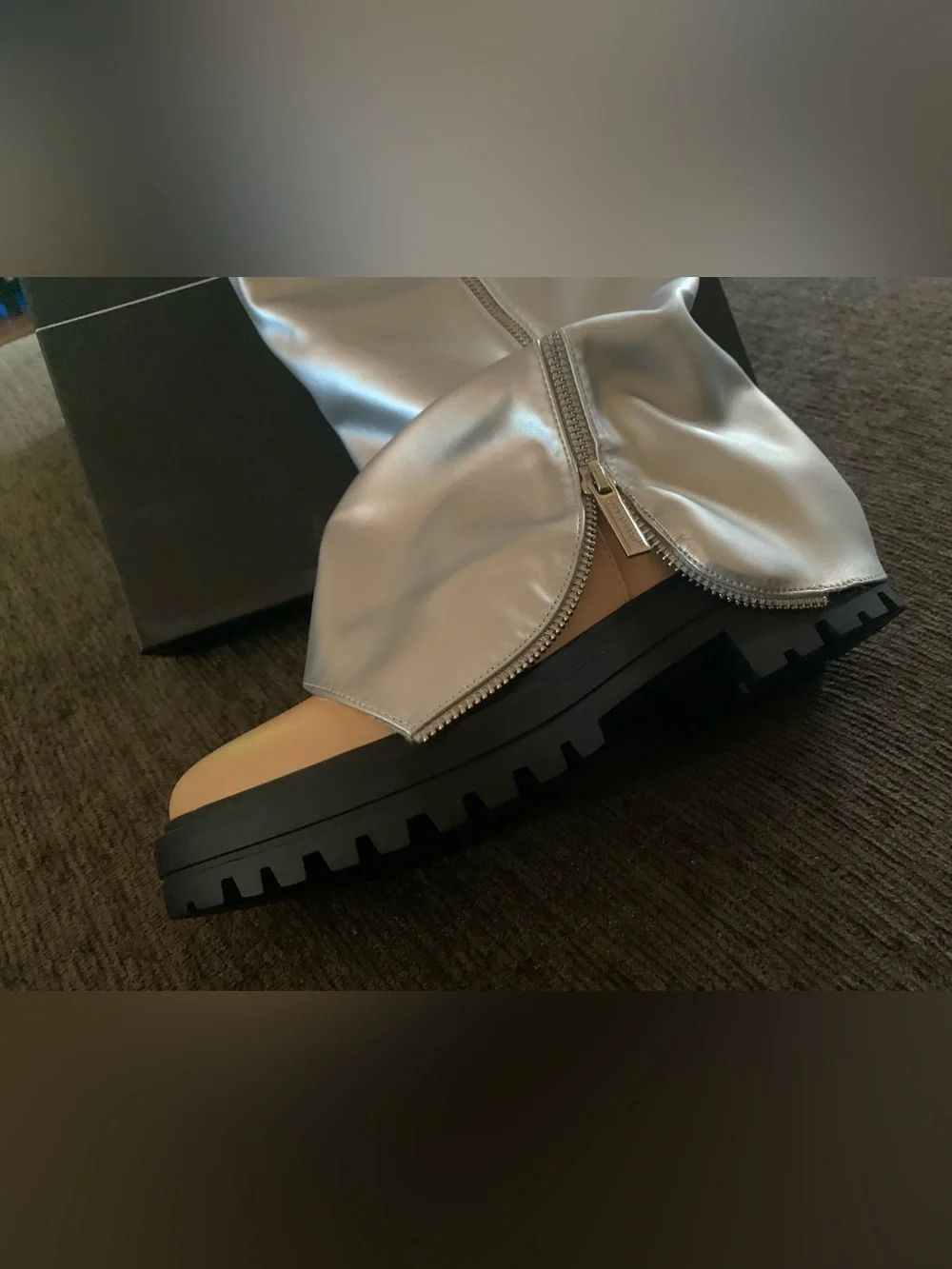 Cape Robbin striking metallic silver fold-over lug-sole boots feature a tan base
